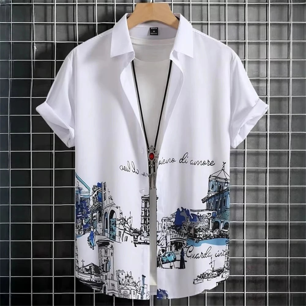 Asymmetrical Print Hawaiian Short-Sleeve Shirt