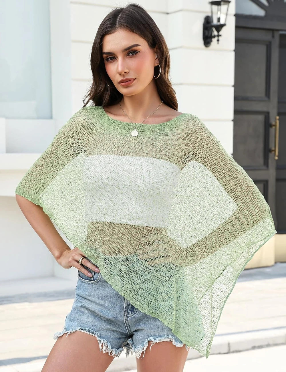Lomon Sheer Crochet Poncho Shrug